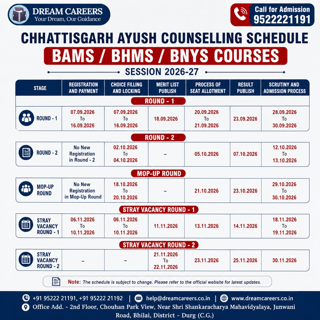 Chhattisgarh BAMS, BHMS & BNYS Counselling Schedule 2026-27: Round-Wise Dates